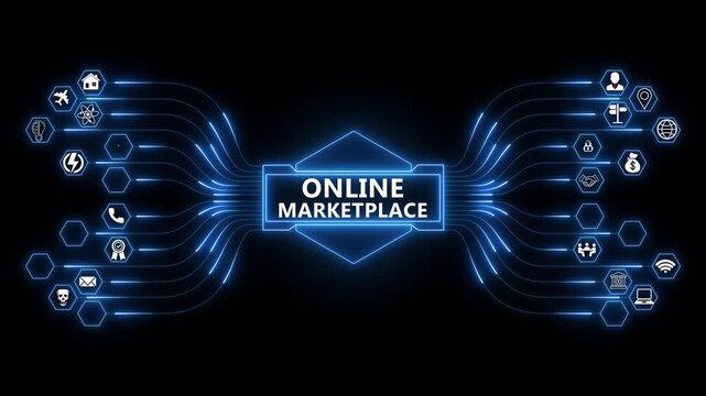 Digital marketplace network animation with glowing data connections and technology icons, online trading platform and ecommerce ecosystem concept