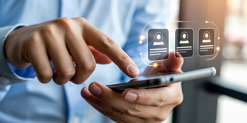 Fototapeta premium Hand using smartphone to view multiple user profile icons on a digital interface mobile