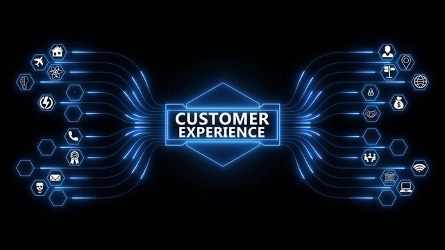 Customer experience network animation with glowing data connections and technology icons, digital engagement and service optimization concept