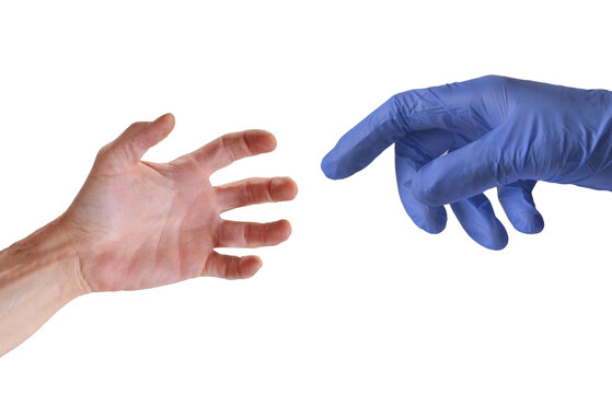Patient hand touching surgical doctor hand isolated on transparent layered background. Patient medicine cure hope.