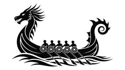 A detailed black and white illustration of a dragon-headed longship Vector © JubaerAhmed