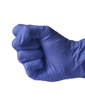 Surgeon hand glove punch gesture isolated on transparent layered background.
