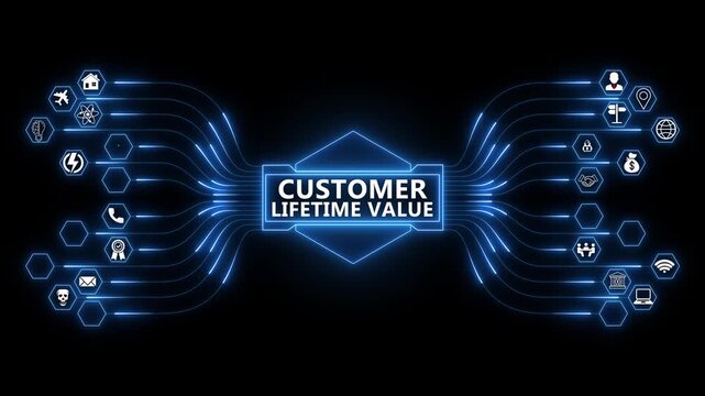 Customer lifetime value network animation with glowing data connections and technology icons, digital retention and revenue growth concept