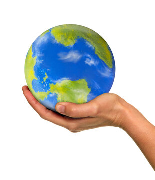 Hand hold planet earth globe isolated on transparent layered background. ( The planet earth is a physical hand made model )