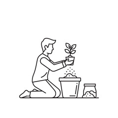 Man kneeling and planting a seedling in a pot with soil and fertilizer