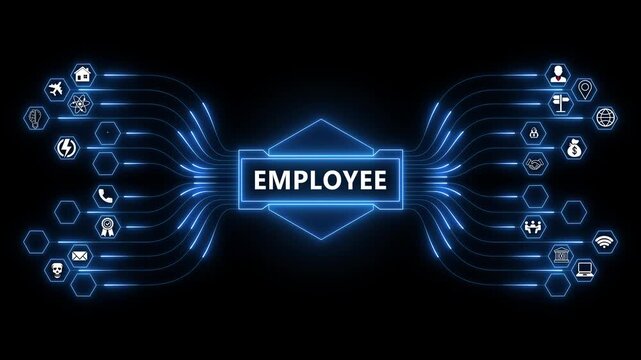 Employee network animation with glowing data connections and technology icons, digital workforce management and collaboration concept