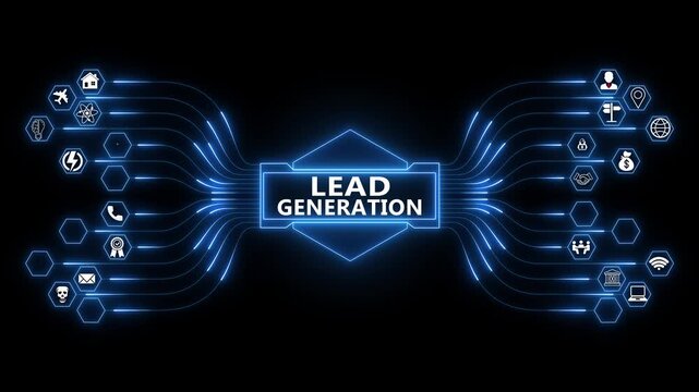 Lead generation network animation with glowing data connections and technology icons, digital marketing acquisition and conversion concept