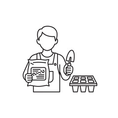 Line drawing of a gardener holding a seed packet and trowel next to an egg carton with seedlings