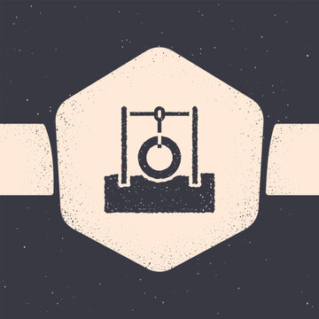 Grunge Car tire hanging on rope icon isolated on grey background. Playground equipment with hanging rope with tire. Monochrome vintage drawing. Vector