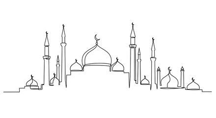 Minimalist one-line drawing skyline of Islamic mosques with domes and minarets, representing Islamic architecture and culture. © Easin.1k