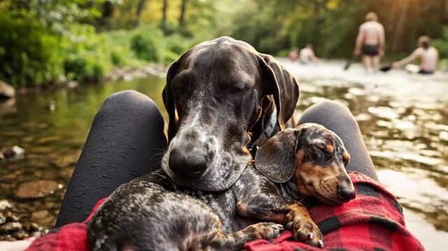 Great dane and dachshund resting on owners lap by a river
