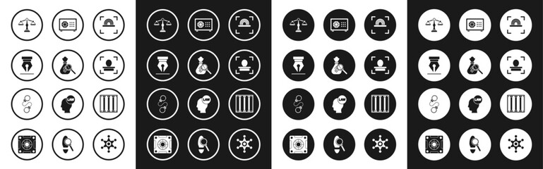 Fototapeta premium Set Fingerprint, Money bag and magnifying glass, Fountain pen nib, Scales of justice, Face recognition, Safe, Prison window and Handcuffs icon. Vector