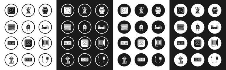 Fototapeta premium Set Electric meter, plug, Car battery, light switch, Power station plant and factory, High voltage power pole line, Wire electric cable reel drum and Electrical outlet icon. Vector