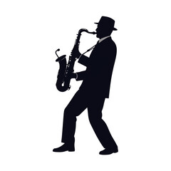 Naklejka premium Silhouette of a man in a hat playing a saxophone on a white background