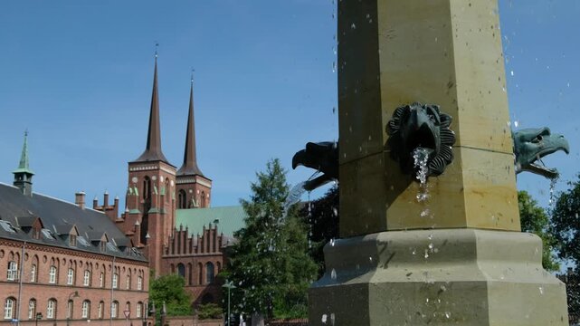 Hiller&oslash;d, Denmark - February 8, 2026: Frederiksborg Castle with Fountain and Eagle Heads in Roskilde, Denmark