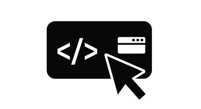 Black card icon with coding brackets and a cursor pointing at it
