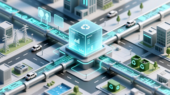 Integrated AI core overseeing urban smart city pipeline network optimizing energy mobility and waste for sustainable resource flow in futuristic metropolitan illustration