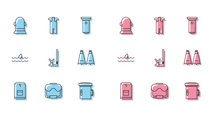 Set line Backpack, Diving mask, Buoy, Big flashlight for diver, Snorkel, Rubber flippers swimming, Shark fin ocean wave and Wetsuit scuba diving icon. Vector © Oksana