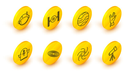 Set line Telescope, Black hole, Planet, Alien, Vulcan salute, Cosmic ship and Astronaut helmet icon. Vector © Oksana