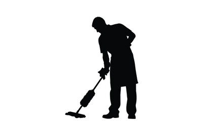 Silhouette of a person cleaning a floor with a mop against white background