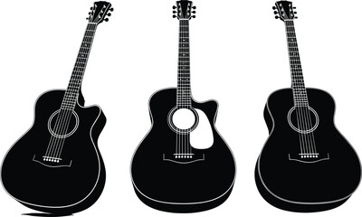 Three black acoustic guitars silhouette set isolated on white background, front view and angled views, musical instrument illustration for music, concert, studio, and design.