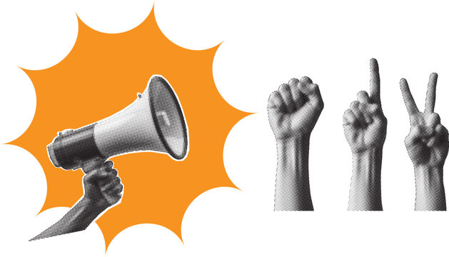 Trendy halftone collage protest demonstration with raised hands. Leader with megaphne. fight for your rights. Voice of community. News and propaganda. contemporary vector illustration art