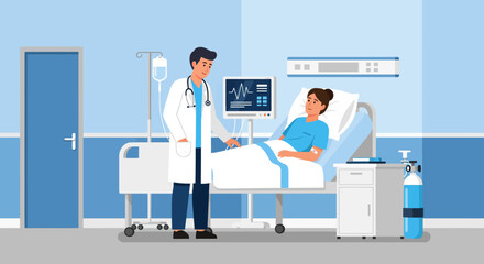 Fototapeta premium Doctor consulting patient in hospital room, monitoring vital signs on screen