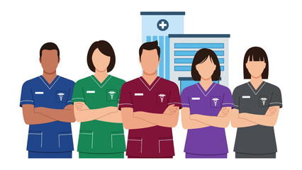 Healthcare Heroes Unite: A group of dedicated healthcare professionals, representing a blend of backgrounds and expertise, stands united in front of a modern medical facility. © azizunnahar