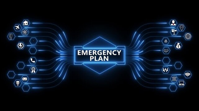 Emergency planning network animation with glowing data connections and technology icons, digital crisis response and preparedness strategy concept