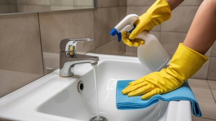 Cleaning a Sink With Spray Cleaner and Cloth During a Home Cleaning Routine