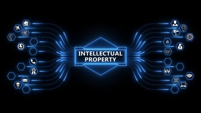 Protecting ideas and innovations through digital networks, intellectual property management animation with connected data systems and security logic
