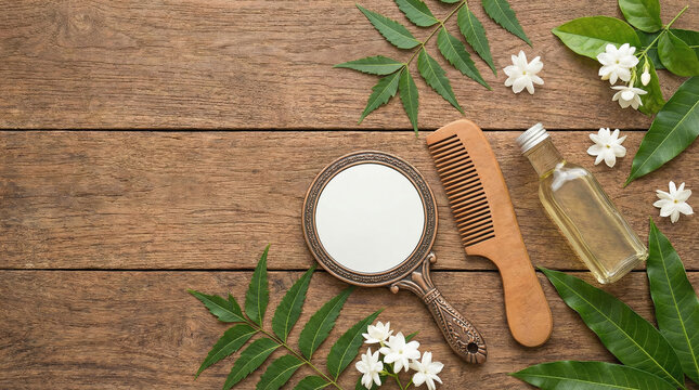 Ugadi celebration flatlay with traditional items on a rustic wooden background in India