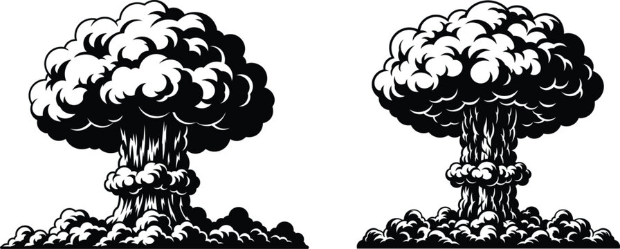 Two ominous mushroom clouds rising from the ground in a black and white illustration