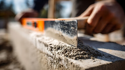Construction worker leveling concrete block