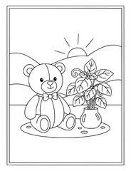 Fototapeta premium Teddy bear sitting by a potted plant coloring page for kids to enjoy art