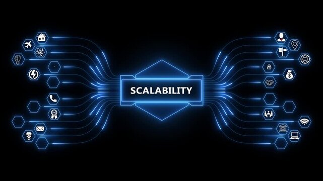 Scaling digital systems through connected networks, scalability concept animation with glowing data flows supporting growth and performance expansion