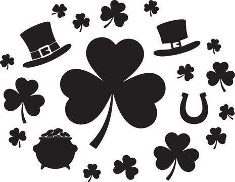 "Black silhouette illustration of St Patrick&rsquo;s Day symbols including shamrock, leprechaun hats, horseshoe and pot of gold arranged in circular festive pattern, decorative artwork symbolizing Irish cul