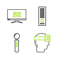 Set line Virtual reality glasses, Gamepad, Video game console and Monitor display with 5k video icon. Vector © Oksana