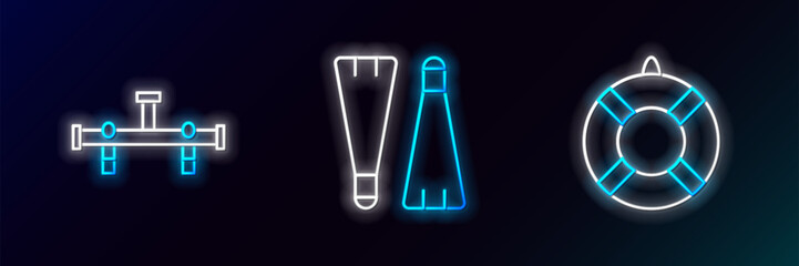 Set line Lifebuoy, Manifold and Rubber flippers for swimming icon. Glowing neon. Vector © Oksana