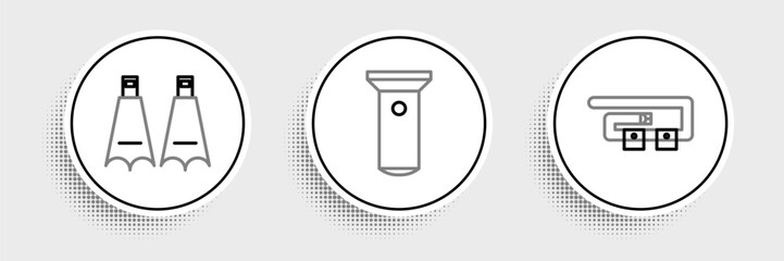 Set line Diving belt, Rubber flippers for swimming and Flashlight icon. Vector © Oksana