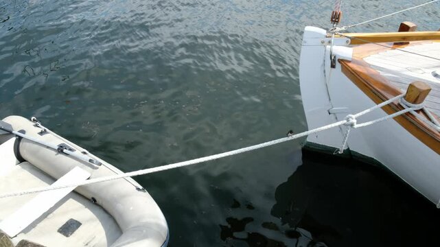 Copenhagen, Zealand and Amager, Denmark - February 8, 2026: Dinghy Tied to Sailboat at Dock: Tranquil Maritime Scene, High Angle View