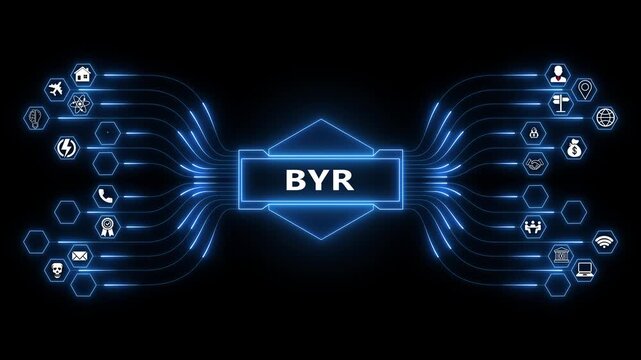 Buyer role concept illustrated through digital network animation, byr process visualization with connected data systems and transactional workflows