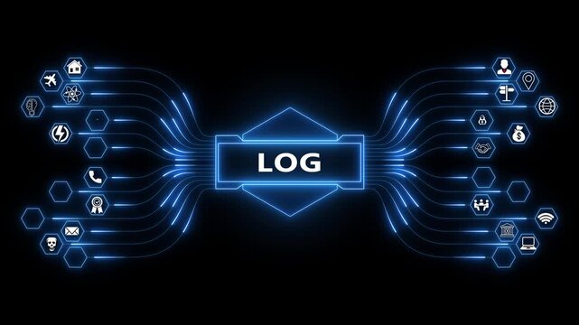 System logging concept shown through connected digital networks, log tracking animation with glowing data records and monitoring structure
