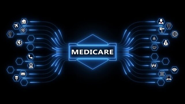 Healthcare coverage concept visualized through digital networks, medicare system animation with connected data flows and service infrastructure