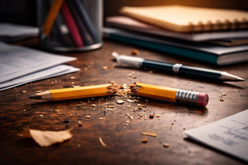 Snapped Pencil and Crumpled Notes Representing Creative Frustration