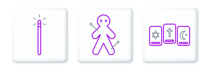 Obraz premium Set line Three tarot cards, Magic wand and Voodoo doll icon. Vector