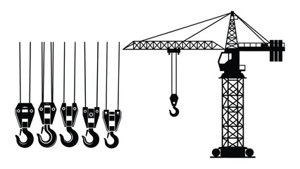 A large crane with multiple hooks hanging from its cable Vector © JubaerAhmed