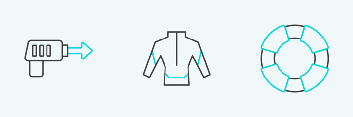 Set line Lifebuoy, Fishing harpoon and Wetsuit icon. Vector © Oksana