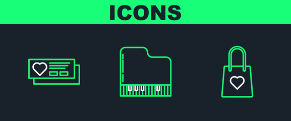 Set line Shopping bag with heart, Ticket and Grand piano icon. Vector © Oksana