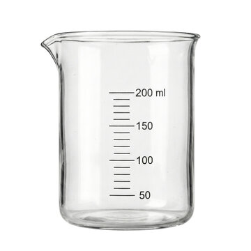 Empty glass laboratory beaker with 200ml measurement scale